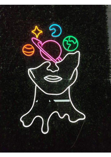 Space Face Uzay Satürn Neon LED Tabela Duvar DEKORU(80X50CM)