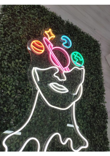 Space Face Uzay Satürn Neon LED Tabela Duvar DEKORU(80X50CM)