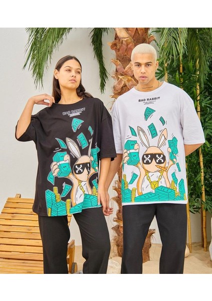 Unisex Bad Rabbit Baskılı Oversize Tshirt