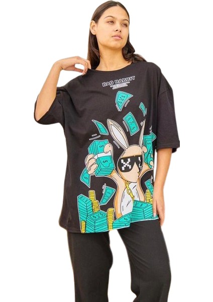 Unisex Bad Rabbit Baskılı Oversize Tshirt