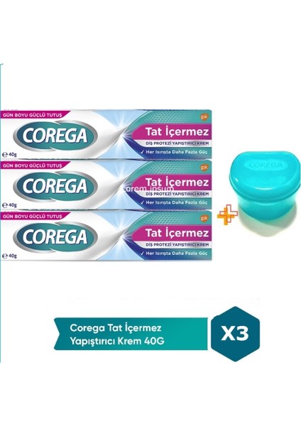 Tat İçermez Diş Protez Yapıştırıcı Krem 40 gr x 3 Adet + Corega Protez Diş Saklama Kutusu