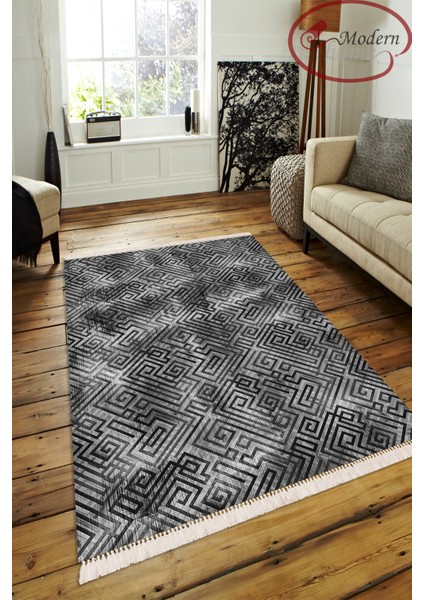 Modern Geometrik Şekilli Halı Püskül Detaylı Dijital Baskı Yıkanabilir Halı Yolluk