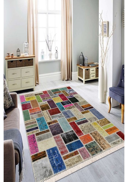 Renkli Patchwork Tasarım Halı Yolluk Kaymaz Taban Makinada Yıkanabilir Dijital Baskı Halı