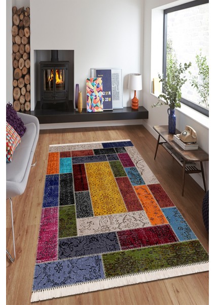 Renkli Patchwork Tasarım Halı Yolluk Kaymaz Taban Makinada Yıkanabilir Dijital Baskı Halı