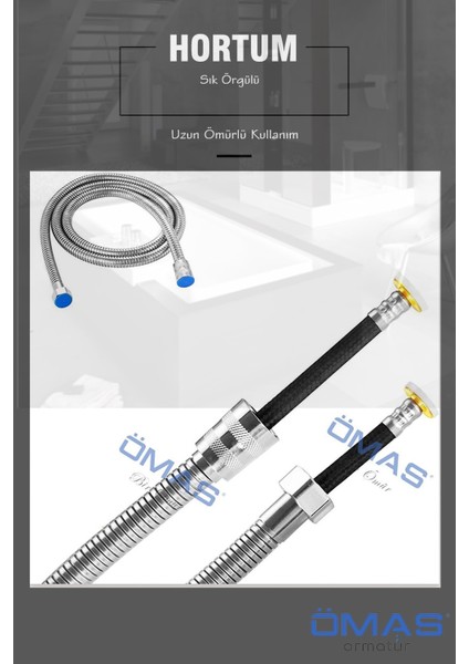 Ömas Otomasyon Estetik Kare Yüzeyli Mafsallı Hortumlu Duş Başlığı Seti Duş Seti El Duş Başlığı Seti