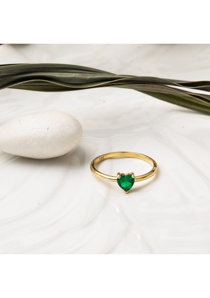 14 Ayar Yeşil Kalp Taşlı Altın Yüzük modelleri