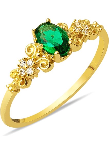 14 Ayar Çiçek Motifli Yeşil Taşlı Altın Yüzük