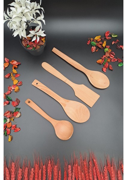 MRS Store Mrsstore Doğal Ahşap 4 Parça Kepçe Kaşık Spatula Servis Seti Ahşap 4 Lü Set