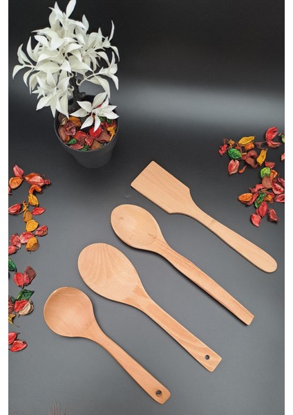 MRS Store Mrsstore Doğal Ahşap 4 Parça Kepçe Kaşık Spatula Servis Seti Ahşap 4 Lü Set