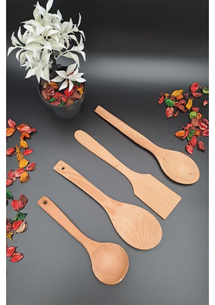 MRS Store Mrsstore Doğal Ahşap 4 Parça Kepçe Kaşık Spatula Servis Seti Ahşap 4 Lü Set