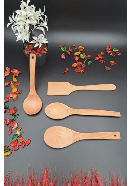 MRS Store Mrsstore Doğal Ahşap 4 Parça Kepçe Kaşık Spatula Servis Seti Ahşap 4 Lü Set