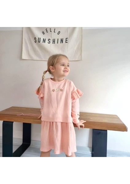 Çiçek Nakışlı Oversize Fırfır Detaylı Pamuklu Sweat Elbise