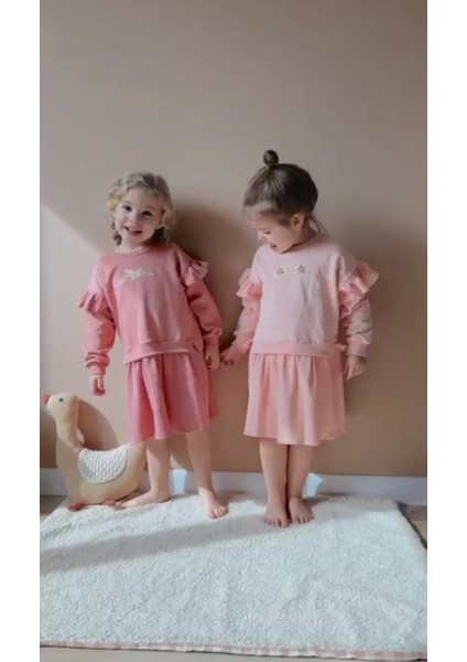 Çiçek Nakışlı Oversize Fırfır Detaylı Pamuklu Sweat Elbise