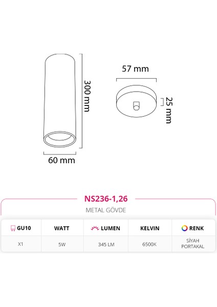 Dekoratif Tekli Sarkıt 5W 6500K Beyaz Işık Siyah Portakal NS236-1