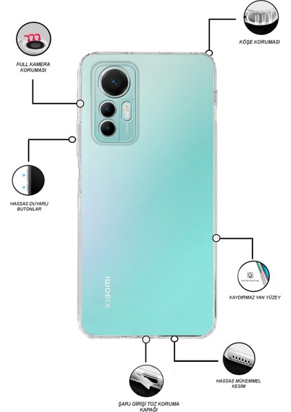 Caseworld Xiaomi Mi 12 Lite ile Uyumlu Kapak Kamera Korumalı Tıpalı Şeffaf Silikon Kılıf