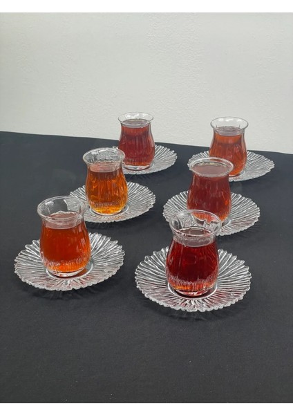 6 Kişilik 12 Parça Cam Çay Takımı Çay Bardağı ve Tabak
