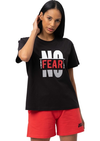 Siyah Baskılı Bisiklet Yaka Kısa Kollu Kadın T-shirt W50063