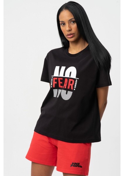 Siyah Baskılı Bisiklet Yaka Kısa Kollu Kadın T-shirt W50063 modelleri