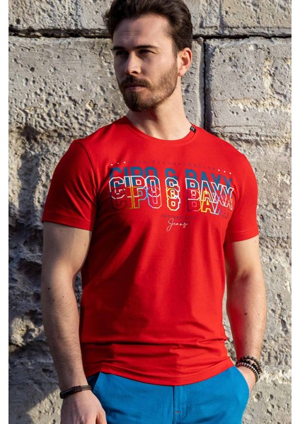 CT717 Renkli Baskılı Kırmızı T-Shirt