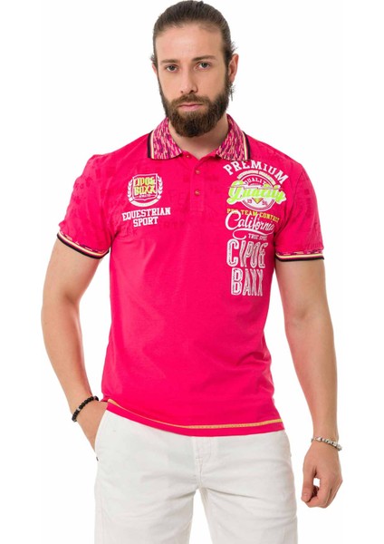 CT738 Fuşya Desenli Polo Yaka Tişört