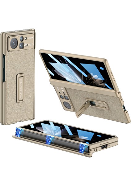 Xiaomi Mix Için Gkk Kat 2 5g Manyetik Menteşe Koruma Şok Geçirmez Kickstand Kapak Doku Pu Deri Kaplamalı Pc Telefon Kılıfı Temperli Cam Film (Yurt Dışından)