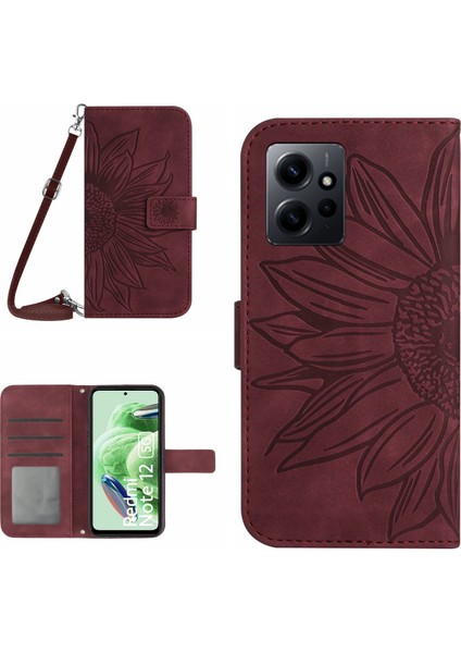 Xiaomi Için Redmi Note 12 4g HT04 Ayçiçeği Desen Stand Kapak Deri Cüzdan Omuz Kayışı ile Kılıf (Yurt Dışından)
