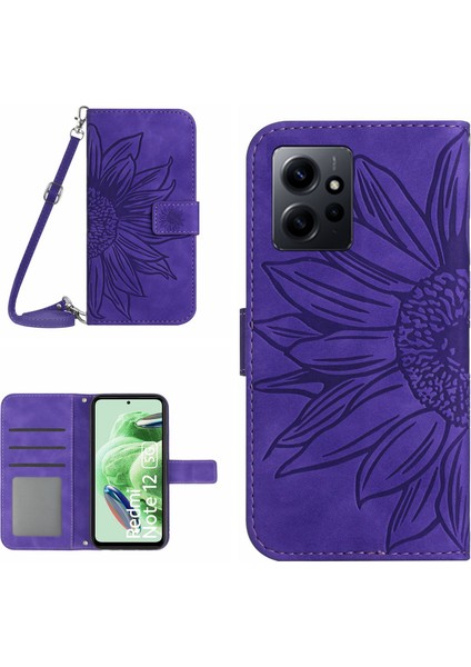 Xiaomi Için Redmi Note 12 4g HT04 Ayçiçeği Desen Stand Kapak Deri Cüzdan Omuz Kayışı ile Kılıf (Yurt Dışından)