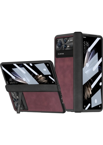 Xiaomi Mix Için Kat 2 5g Menteşe Koruması Her Şey Dahil Kapak Nappa Doku Pu Deri + Pc Kabuk Kickstand Telefon Kılıfı Temperli Cam Film (Yurt Dışından)
