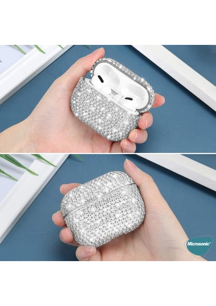 Airpods Pro 2.nesil Kılıf Diamond Swarovski Görünümlü Taşlı Gümüş