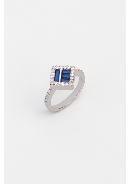 Mavi Taşlı 18 Ayar Beyaz Altın Kaplama Gümüş Yüzük