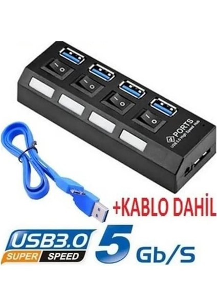 4 Port USB 3.0 Çoklayıcı Hub Ledli On/off Anahtarlı