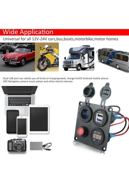 Çift USB Soket Şarj Cihazı 3.1A + LED Voltmetre + Güç Çıkışı + Açma Kapalı Anahtarı (Yurt Dışından) modelleri
