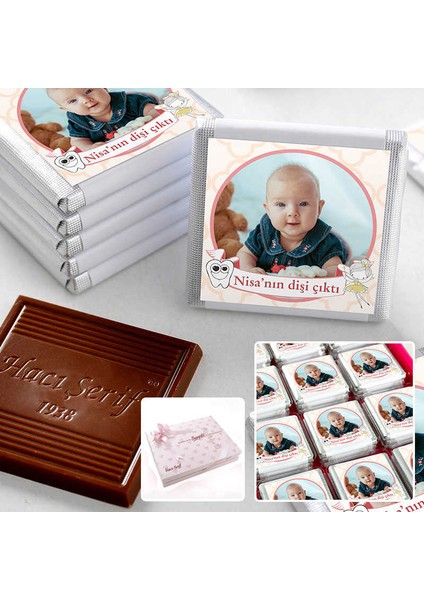 İlk Diş Fotoğraflı Kız Bebek 72 Adet Madlen Çikolata Sunum Kutulu