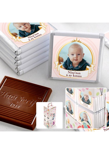 6 Ay Kınası Fotoğraflı Kız Bebek Çikolatası (70 Adet Madlen Çikolata)