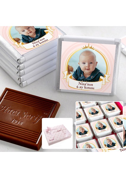 6 Ay Kınası Fotoğraflı Kız Bebek 48 Adet Madlen Çikolata Sunum Kutulu
