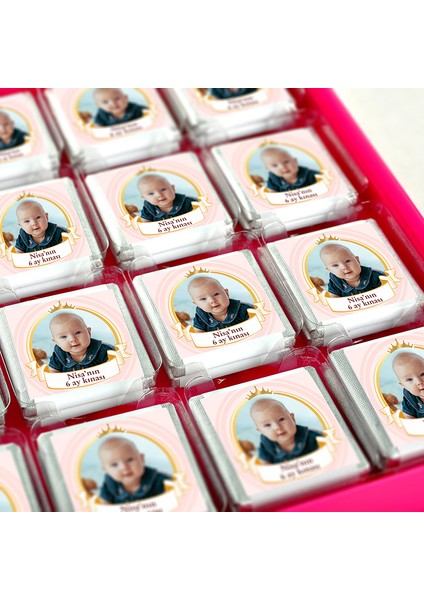 6 Ay Kınası Fotoğraflı Kız Bebek 48 Adet Madlen Çikolata Sunum Kutulu modelleri