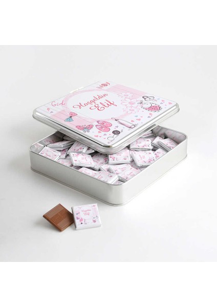 Etiket Baskılı Metal Kutuda 70 Adet Kız Bebek Çikolatası