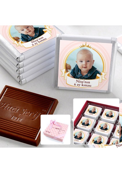 6 Ay Kınası Fotoğraflı Kız Bebek 32 Adet Madlen Çikolata Sunum Kutulu