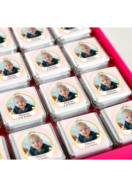 6 Ay Kınası Fotoğraflı Kız Bebek 32 Adet Madlen Çikolata Sunum Kutulu modelleri
