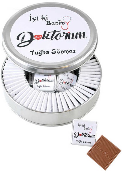 Yuvarlak Metal Kutuda Doktora Hediye 60 Madlen Çikolata (Bayan)