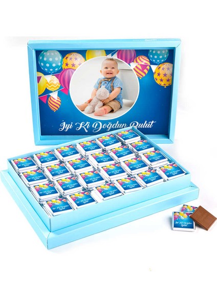 Erkek Bebek Doğum Günü Hediyesi 72 Adet Madlen Çikolata Sunum Kutulu