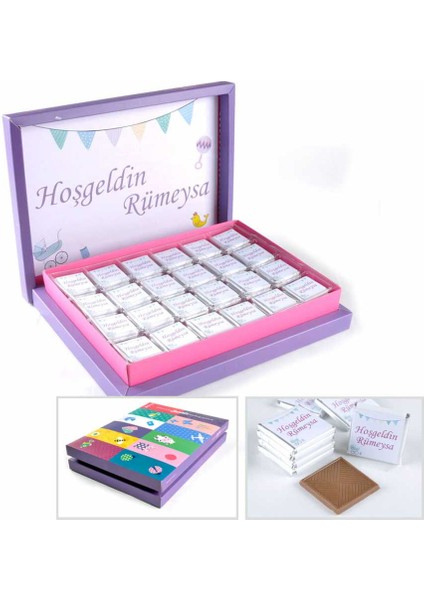 Hoşgeldin Bebek 48 Adet Madlen Çikolata Mor Sunum Kutulu
