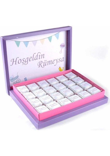 Hoşgeldin Bebek 48 Adet Madlen Çikolata Mor Sunum Kutulu modelleri