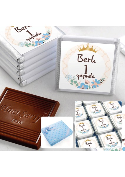 1 Yaş İsme Özel Erkek Bebek 72 Adet Madlen Çikolata Sunum Kutulu