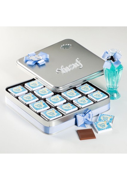 Mavi Bebek 48 Adet Madlen Çikolata Metal Kutu + Gül Suyu Hediyeli