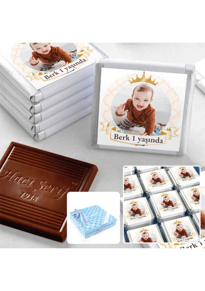1 Yaş Fotoğraflı Erkek Bebek Çikolatası 32 Adet Madlen Çikolata Sunum Kutulu