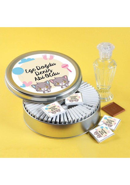 Bebek Çikolatası (Düz Metal Yuvarlak Kutu) 70 Adet Madlen+Kolonya Hediyeli