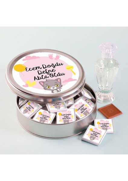 Kız Bebek Çikolatası (Düz Metal Yuvarlak Kutu) 50 Adet Madlen+Kolonya Hediyeli