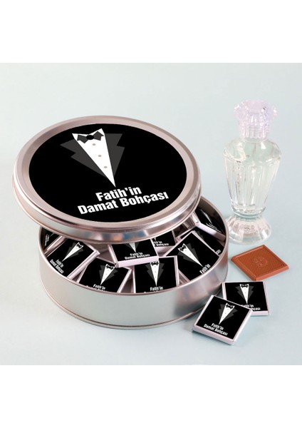 Damat Bohçası 50 Madlen Çikolata (Düz Metal Yuvarlak Kutu) Kolonya Hediyeli