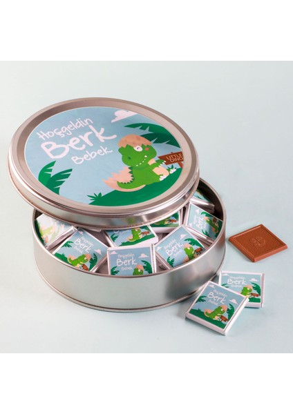 Etiket Baskılı Erkek Bebek Çikolatası Düz Metal Yuvarlak Kutu 50 Adet Madlen